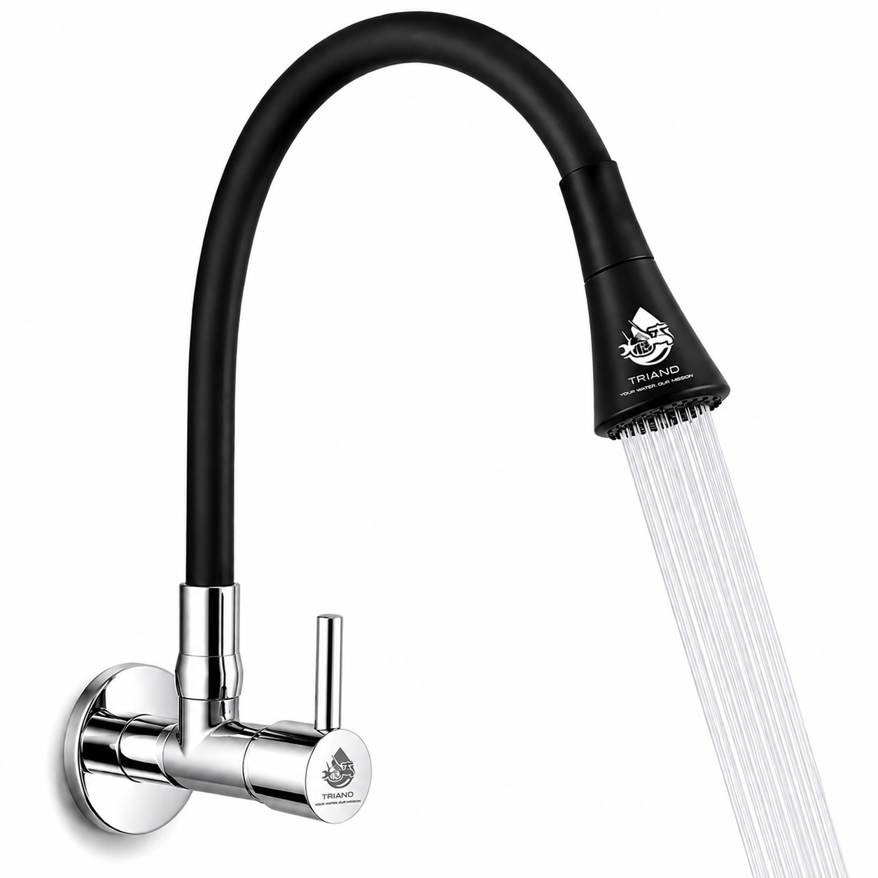 TRIAND Flexible Spout Kitchen Sink Tap with Dual Flow Spray, 360° Swivel Wall Mounted Faucet – Matte Black (Black Flexib