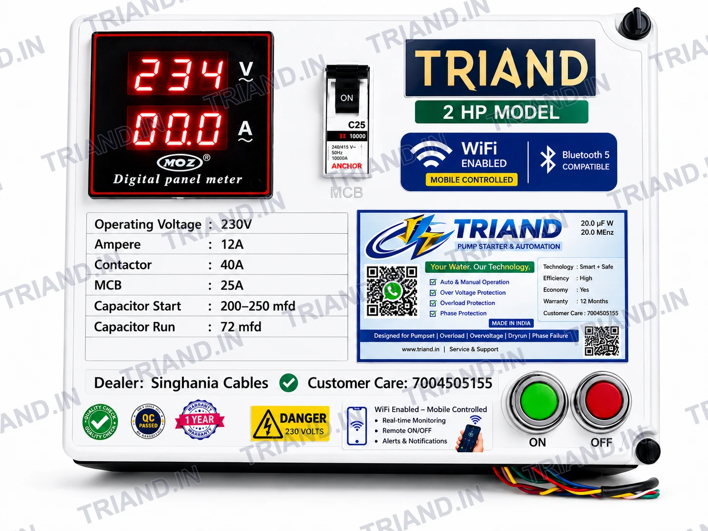 TRIAND SMART WIFI AUTOMATIC DIGITAL 2 HP SUBMERSIBLE PUMP STARTER WITH PANEL SINGLE PHASE 230 VOLTS SMART APP CONTROL