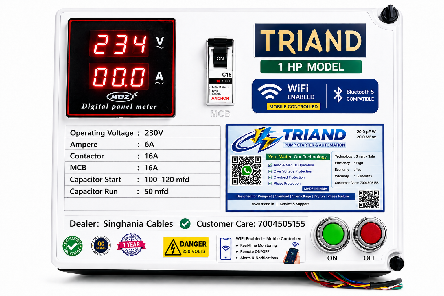 Triand WiFi Smart Starter Panel for 1 HP Submersible Pump | Mobile App Control | Digital Voltage Display | Single Phase